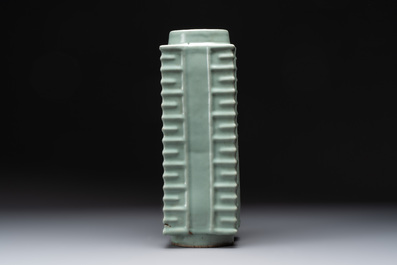 A large Chinese Longquan celadon 'cong' vase, Song/Yuan