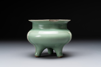 A Chinese Longquan celadon tripod censer, Southern Song