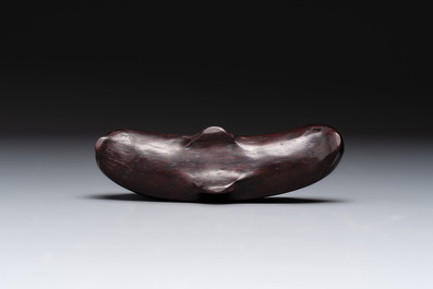 A Chinese blue-glazed Yixing stoneware 'lotus' bowl, and a brush rest on wooden stand, 18/19th C.