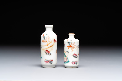 Two Chinese famille rose 'erotic' snuff bottles and a leaf-shaped saucer, 19th C.