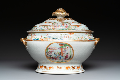A pair of large Chinese Canton famille rose 'mandarin subject' tureens on stands, 19th C.