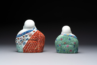 Four Chinese famille rose Milefo Buddhas, Wan Tongshun 萬同順 mark, 20th C.