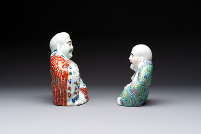 Four Chinese famille rose Milefo Buddhas, Wan Tongshun 萬同順 mark, 20th C.