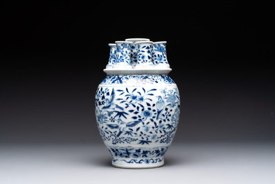 A rare Chinese blue and white crocus-shaped vase with birds among flowers, Kangxi mark, 19th C.