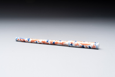 A rare and fine Chinese iron-red, blue and white 'dragon' brush handle and cover, Jiaqing mark and of the period