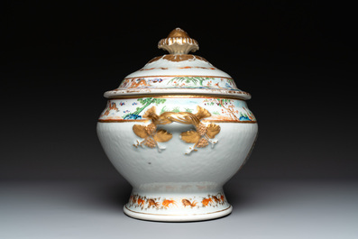 A pair of large Chinese Canton famille rose 'mandarin subject' tureens on stands, 19th C.