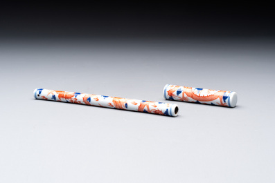 A rare and fine Chinese iron-red, blue and white 'dragon' brush handle and cover, Jiaqing mark and of the period