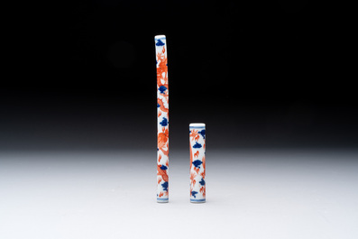 A rare and fine Chinese iron-red, blue and white 'dragon' brush handle and cover, Jiaqing mark and of the period