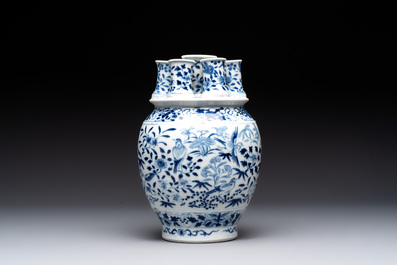 A rare Chinese blue and white crocus-shaped vase with birds among flowers, Kangxi mark, 19th C.