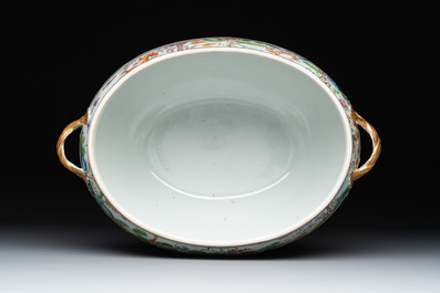 A pair of large Chinese Canton famille rose 'mandarin subject' tureens on stands, 19th C.