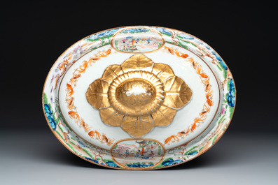 A pair of large Chinese Canton famille rose 'mandarin subject' tureens on stands, 19th C.