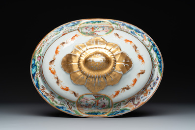 A pair of large Chinese Canton famille rose 'mandarin subject' tureens on stands, 19th C.