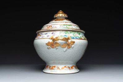 A pair of large Chinese Canton famille rose 'mandarin subject' tureens on stands, 19th C.