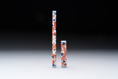 A rare and fine Chinese iron-red, blue and white 'dragon' brush handle and cover, Jiaqing mark and of the period