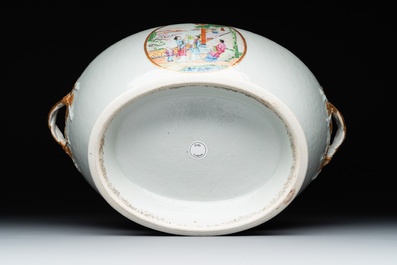 A pair of large Chinese Canton famille rose 'mandarin subject' tureens on stands, 19th C.