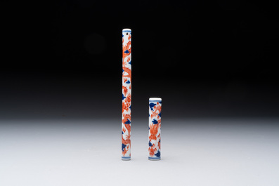 A rare and fine Chinese iron-red, blue and white 'dragon' brush handle and cover, Jiaqing mark and of the period