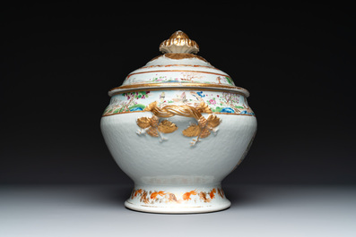 A pair of large Chinese Canton famille rose 'mandarin subject' tureens on stands, 19th C.