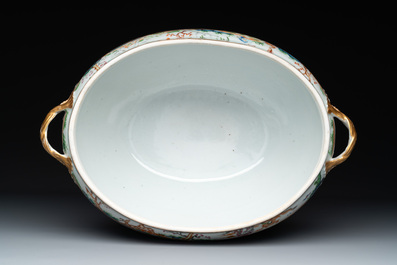A pair of large Chinese Canton famille rose 'mandarin subject' tureens on stands, 19th C.