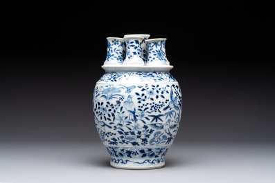 A rare Chinese blue and white crocus-shaped vase with birds among flowers, Kangxi mark, 19th C.