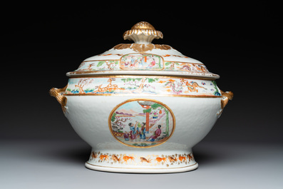 A pair of large Chinese Canton famille rose 'mandarin subject' tureens on stands, 19th C.