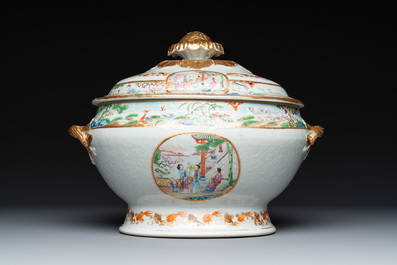 A pair of large Chinese Canton famille rose 'mandarin subject' tureens on stands, 19th C.