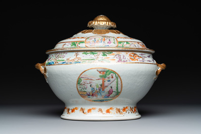 A pair of large Chinese Canton famille rose 'mandarin subject' tureens on stands, 19th C.