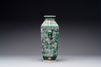 A Chinese verte biscuit hexagonal 'phoenix and flower scroll' vase, 19th C.