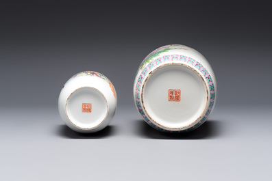 Three Chinese famille rose vases with figural and floral design, Qianlong mark, 19/20th C.