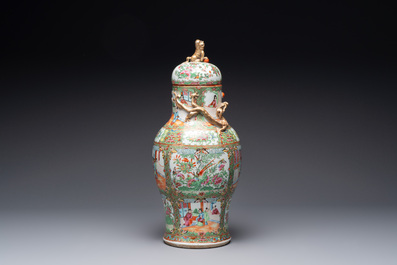 A Chinese Canton famille rose covered vase and two bowls, 19th C.