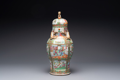 A Chinese Canton famille rose covered vase and two bowls, 19th C.