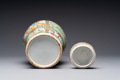 A Chinese Canton famille rose covered vase and two bowls, 19th C.
