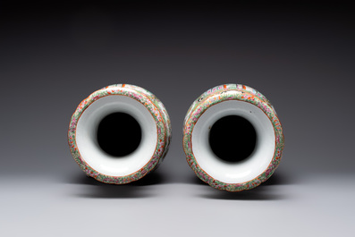 A pair of Chinese Canton famille rose vases with narrative design, 19th C.