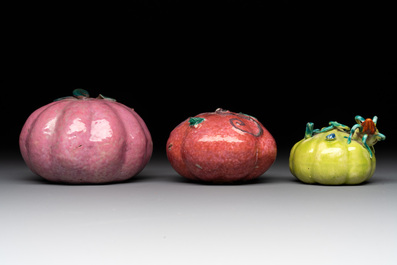 A collection of five Chinese famille rose peaches and pumpkins, including a box and cover, 19th C.