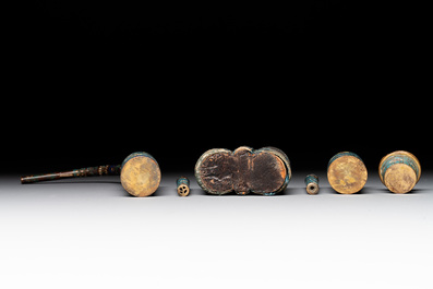 Three Chinese water pipes, two mouth pieces and a cloisonn&eacute; opium box and cover, 19th C.