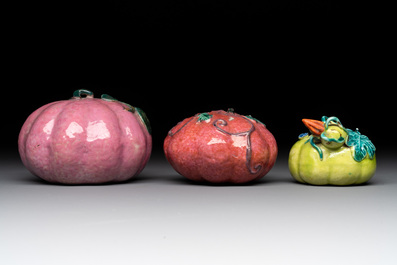 A collection of five Chinese famille rose peaches and pumpkins, including a box and cover, 19th C.