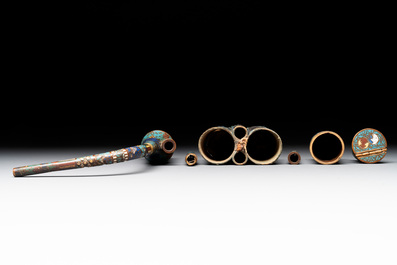 Three Chinese water pipes, two mouth pieces and a cloisonn&eacute; opium box and cover, 19th C.