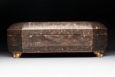 A Chinese Canton gilt-lacquered box and cover, including mother-of-pearl accessories, 19th C.