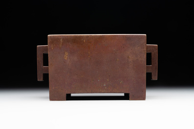 A rare Chinese rectangular bronze censer, Mo Shi Jia Zhen 莫氏家珍 mark, Kangxi mark and of the period