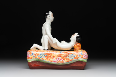A Chinese famille rose 'erotic' group, You Lin Ji Zao 游林記造 mark, 20th C.