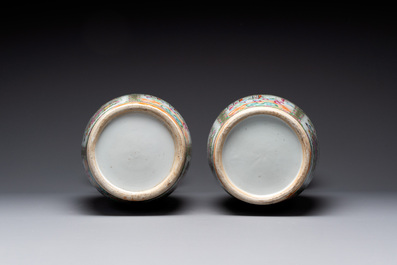 A pair of Chinese Canton famille rose vases with narrative design, 19th C.