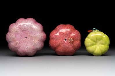 A collection of five Chinese famille rose peaches and pumpkins, including a box and cover, 19th C.