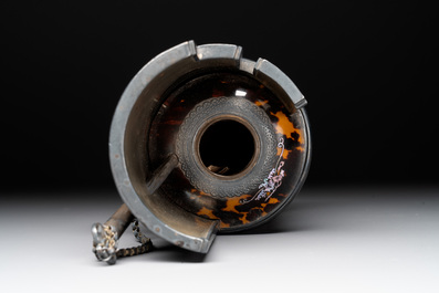 Three Chinese water pipes, two mouth pieces and a cloisonn&eacute; opium box and cover, 19th C.