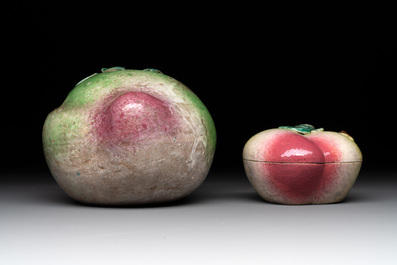 A collection of five Chinese famille rose peaches and pumpkins, including a box and cover, 19th C.