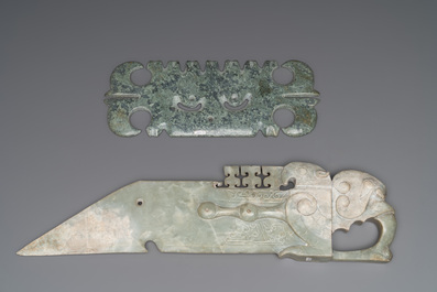 A varied collection of nine Chinese archaistic jade and stone carvings, 20th C.