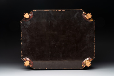 A Chinese Canton gilt-lacquered box and cover, including mother-of-pearl accessories, 19th C.