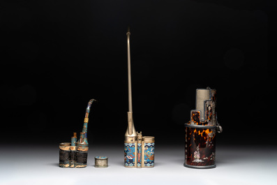 Three Chinese water pipes, two mouth pieces and a cloisonn&eacute; opium box and cover, 19th C.