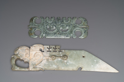A varied collection of nine Chinese archaistic jade and stone carvings, 20th C.