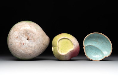 A collection of five Chinese famille rose peaches and pumpkins, including a box and cover, 19th C.