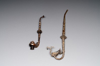 Three Chinese water pipes, two mouth pieces and a cloisonn&eacute; opium box and cover, 19th C.