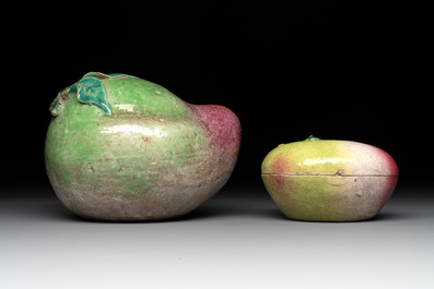 A collection of five Chinese famille rose peaches and pumpkins, including a box and cover, 19th C.